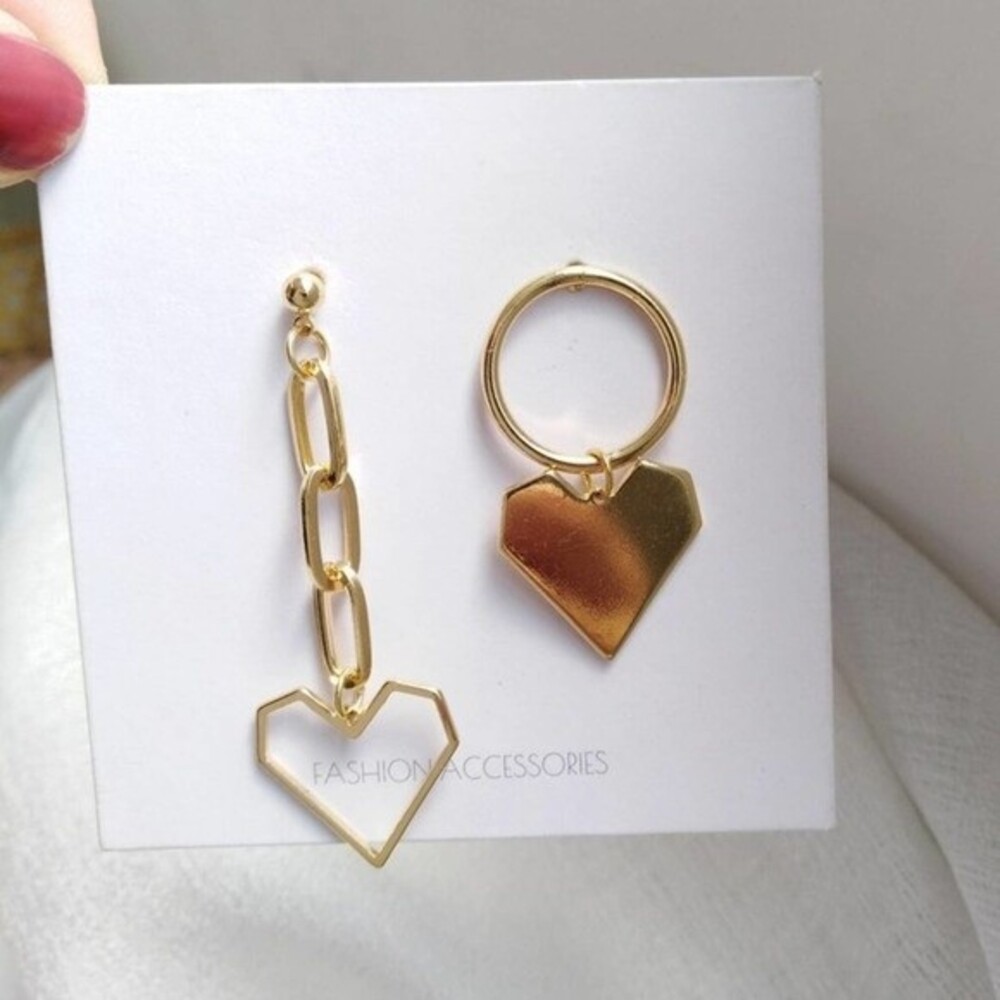 Mismatch Asymmetric Heart Stud Dangle Square Chain Goldtone Earrings A821S3